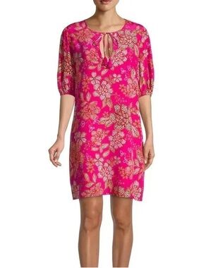 Johnny Was Vesna 100% Silk Floral Tunic Mini Dress Pink Boho Shift Size S